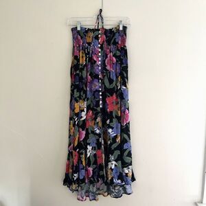 Rachael Roy Flowy Floral Boho Halter Top Sun Dress w/ Abalone Buttons, Black- L